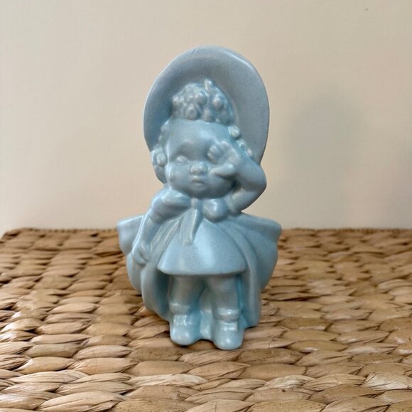 Vintage Haeger Pottery Crying Baby Girl with Bonnet Planter in Matte Blue - Picture 1 of 7